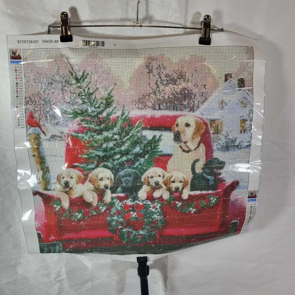 5D Diamond Painting Kit Christmas Dogs in Red Truck 50x50cm